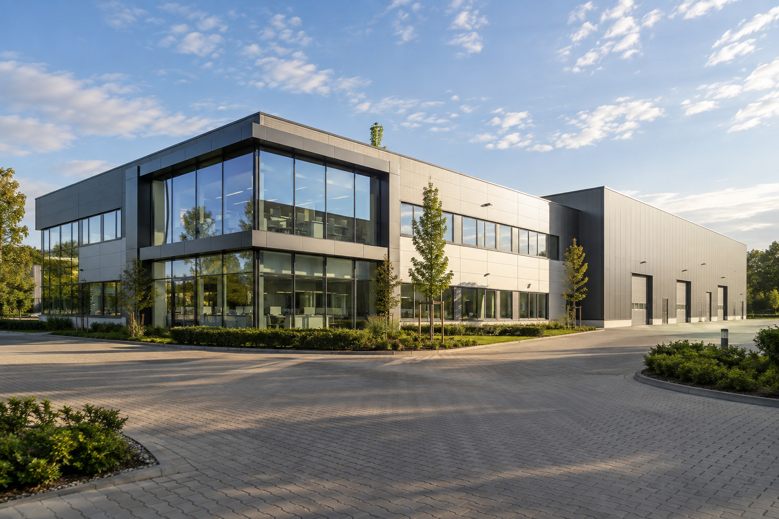 Modernes Gewerbegebäude mit Büro- und Produktionsflächen